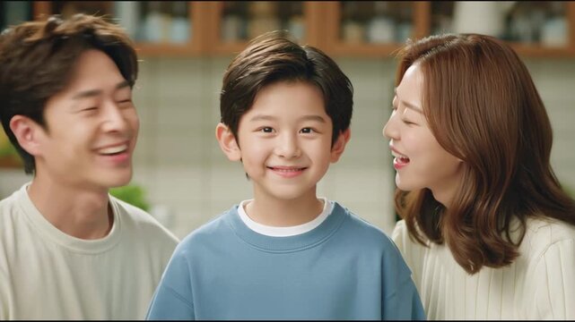 Happy family kissing son on cheek in kitchen