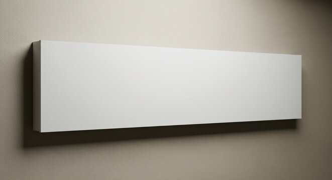 A long, rectangular, white panel mounted horizontally on a light beige wall, casting a subtle shadow.