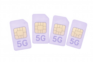 Four 5g sim cards with golden chip lying on a transparent background, representing fast mobile internet connection