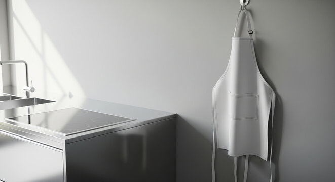A clean, minimalist kitchen interior with a white apron hanging on a wall hook next to a modern sink and induction cooktop.