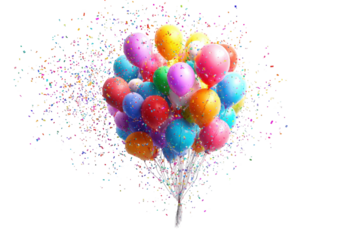 Colorful balloons in a cluster, surrounded by vibrant confetti