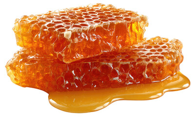 Honeycomb slices stacked, drizzled with honey
