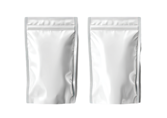 Two identical, blank, metallic-silver, zippered pouches
