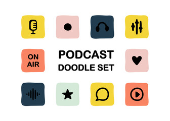 Podcast Doodle Icons Set. Hand Drawn Microphone, record button, headphones, sound waves, heart, speech bubble. Fun and simple outline design for audio apps, radio, podcast shows, music, playlist, and