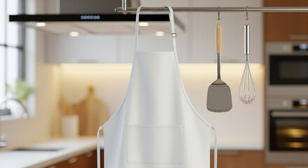 A clean white apron, spatula, and whisk hanging in a modern kitchen with warm lighting and wooden cabinets.