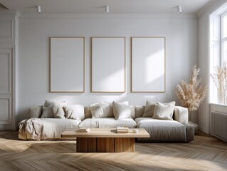 Modern minimalist living room showcasing a light beige sectional sofa, a wooden coffee table, and three blank picture frames.