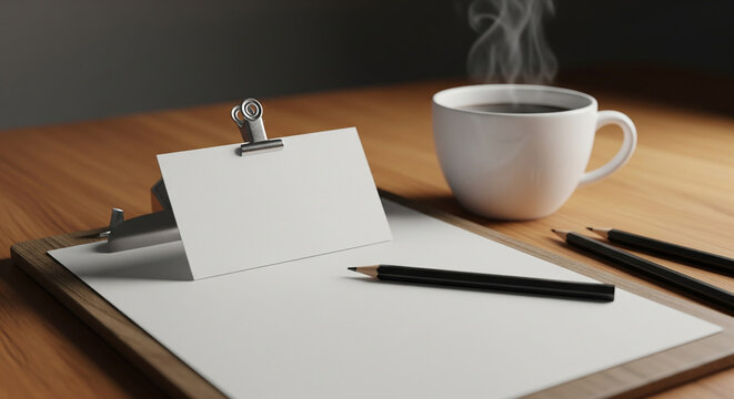 A clipboard with blank paper, a business card, a pencil, and a steaming coffee cup on a wooden desk, ready for work or notes.