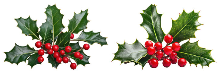 PNG Festive holly leaves with berries, element set on transparent background