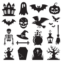 Collection of silhouetted halloween icons including haunted house ghost bat pumpkin skull skeleton witch hat cauldron and spooky tree