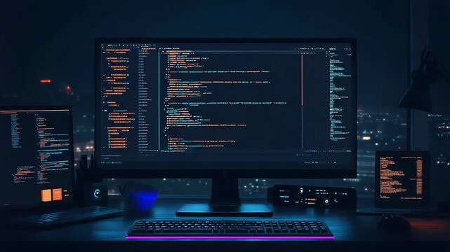 Software developer writing code on multiple computer screens at night