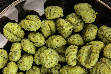 Gnocchi spinach potato dough second course portion size natural product tasty snack fresh delicious...