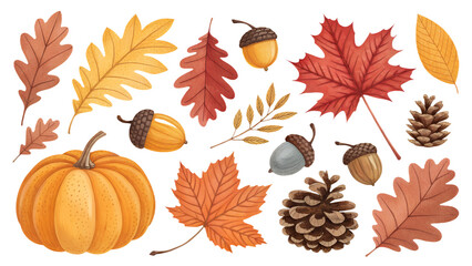 Autumn leaves PNG set with red, orange, and yellow leaves, pumpkins, acorns, pinecones, isolated on transparent background
