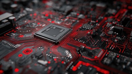 A detailed close-up of a complex circuit board glowing red with electronics in focus