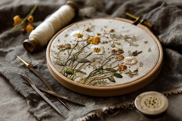 Closeup of a delicate floral embroidery in an embroidery hoop, surrounded by sewing tools and thread, showcasing intricate needlework