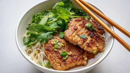 Delicious Vietnamese Bun Cha Grilled Pork Noodles With Fresh Herbs And Broth