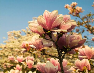 Obraz premium Pink magnolia blossoms against a clear blue sky