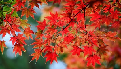 bright red colored maple tree leaves with only low green dabs in autumn ideal as a background image