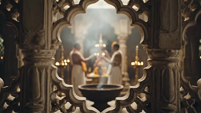 Cinematic view through an ornate stone jali, revealing blurred figures performing a sacred ritual amidst glowing lamps and rising smoke in a spiritual temple setting.