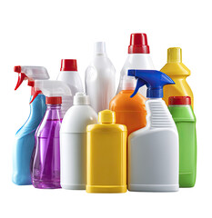Assorted cleaning products in plastic bottles of various colors