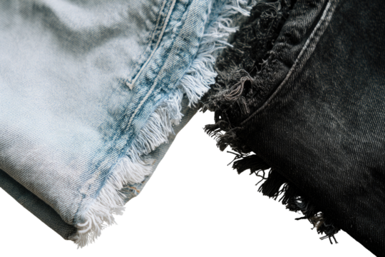 Two pairs of distressed denim shorts, light blue and dark grey, overlapping