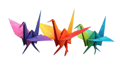 Colorful origami cranes arranged in a group