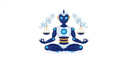 Obraz premium A futuristic robot meditating with scales, symbolizing balance, peace, and harmony in a digital age.