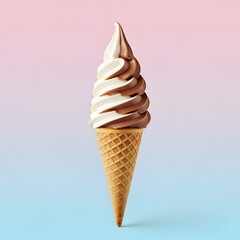 Vanilla Chocolate Swirl Soft Serve Ice Cream Cone Pink Blue Gradient Background