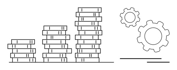 Stacked coins increase in height alongside interlocking gears, symbolizing financial growth, business strategies, and system efficiency. Ideal for finance, business, wealth, optimization, economy