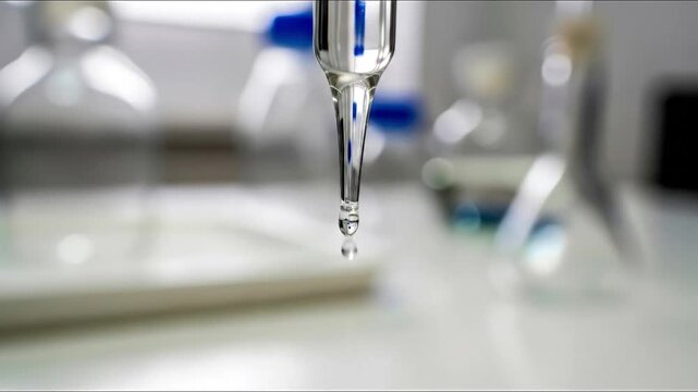 A single drop of clear liquid falling from a glass pipette in a scientific laboratory. - Powered by Adobe