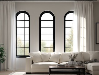 A bright and airy living room scene showcases a modern sectional sofa and three large arched windows.