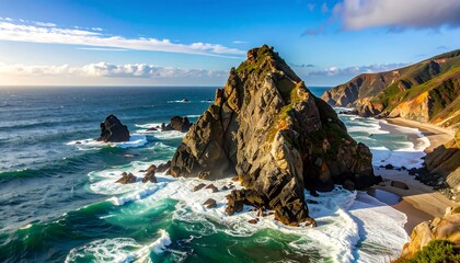 Dramatic coastal rock formation, crashing waves, sandy beach, sunny day