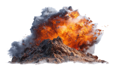 Volcanic eruption. A mountain erupts in a fiery explosion, with massive plumes of smoke and ash