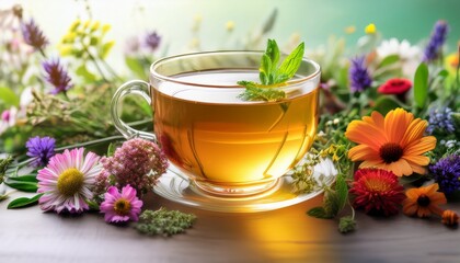 clear glass cup of herbal tea surrounded by fresh herbs and colorful flowers creating vibrant and refreshing atmosphere