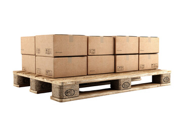 Cardboard boxes stacked high on a wooden pallet