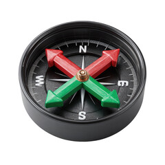 A circular compass with red and green directional arrows crossing.  Dark gray casing.  Clear cardinal directions.  3D rendering