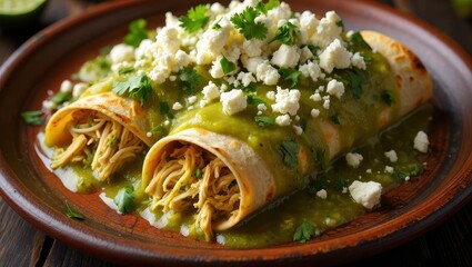 Delicious Chicken Enchiladas with Green Sauce and Feta Cheese on a Clay Plate