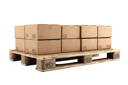 Cardboard boxes stacked high on a wooden pallet