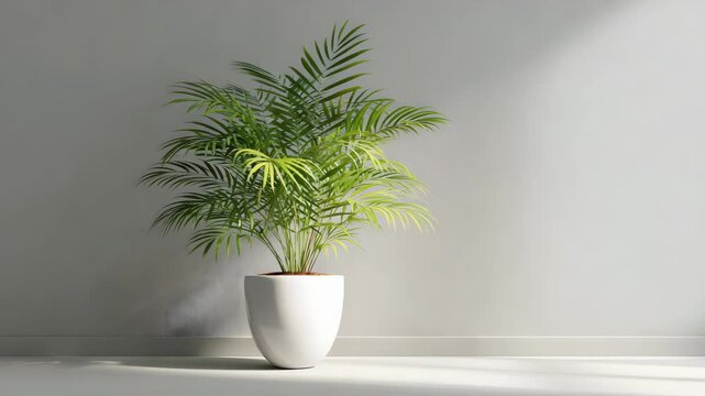Ultra HD Green areca palm plant in a white pot video, palm tree interior video, areca palm pot video