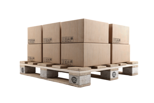 Stack of cardboard boxes on a wooden pallet