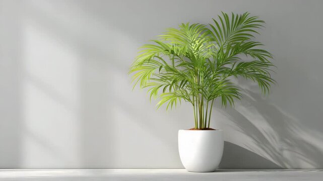 Ultra HD Green palm plant in a white pot video, indoor green plant video, interior featuring areca palm plants video