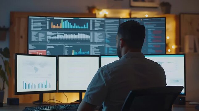 Man at desk with multiple computer monitors, analyzing data, charts, and graphs on screen in modern office at night, focused on analytics