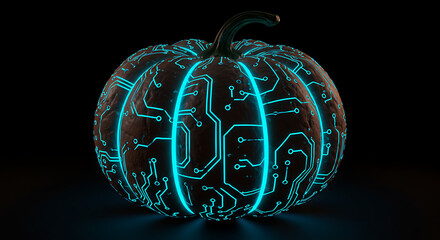 A futuristic glowing pumpkin intricately detailed with vibrant blue circuit board patterns, merging organic form with digital innovation, perfect for a modern Halloween theme