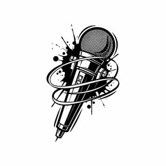 Stylized illustration of a dynamic microphone wrapped in swirling ribbon, artistic black and white ink splash drawing, abstract music equipment design, audio performance concept