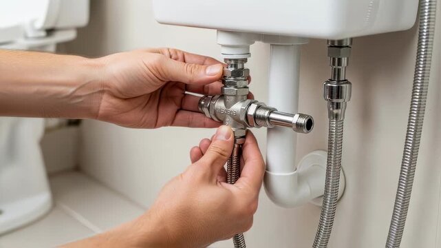 Hands installing Tvalve splitter for bidet hose into toilets water line capturing essential plumbing step without professional help.