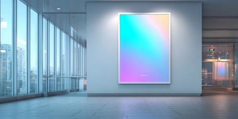 modern gallery interior with large windows and pastel gradient art in a minimalist city-facing space