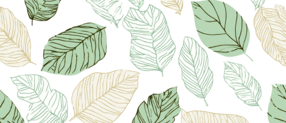 Abstract pattern of various leaves in muted greens and beige.  Delicate lines outline the leaves against a black background, creating a textured look