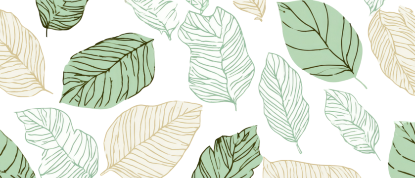 Abstract pattern of various leaves in muted greens and beige.  Delicate lines outline the leaves against a black background, creating a textured look