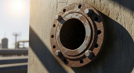 Corroded metal industrial structure with connecting bolts and sun flares