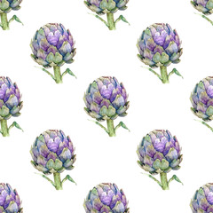 Fototapeta premium Gourmet artichoke seamless watercolor pattern with botanical accents. White background for culinary branding and packaging projects