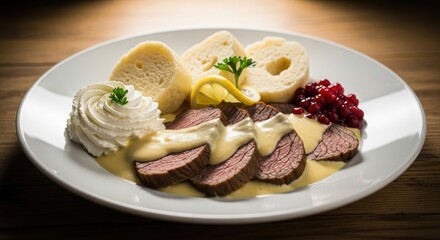 Traditional Czech Sv&iacute;čkov&aacute; Dish with Beef Sirloin Dumplings and Cranberries Sauce